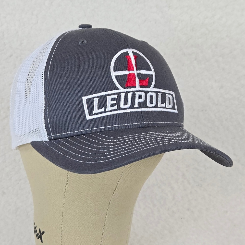 Leupold Optics Trucker Hat Grey White Mesh Snapback Logo Cap Gorpcore Hunting